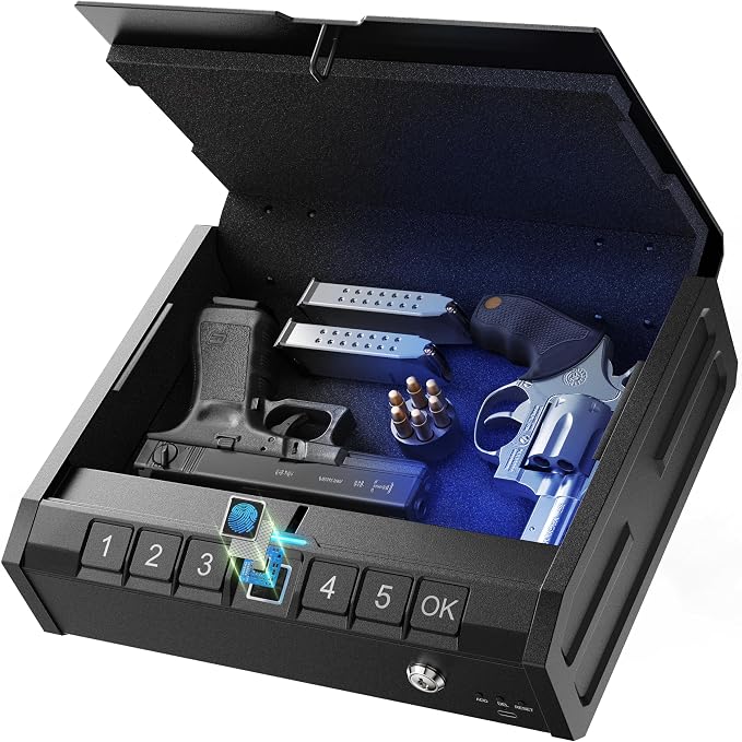 ONNAIS Iron PRO Biometric Fingerprint Gun Safe for Handgun with Keypad Lock | Emergency Power Supply and Interior Light Swift Entry Pistol Case for Home, Nightstand, Bedside, and Car, Gift by ONNAISSecuritySafe