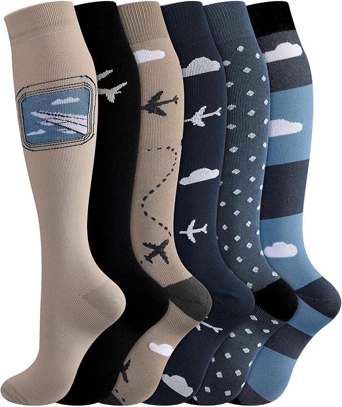 Skicuff 6 Pairs Airplane Compression Socks for Men Women 15-25 Mmhg Graduated Knee High Travel Socks for Flight Flying Pilots by Skicuff