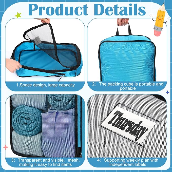 7 Pcs Packing Cubes for Travel Days of Week,Blue,Large - Image 3