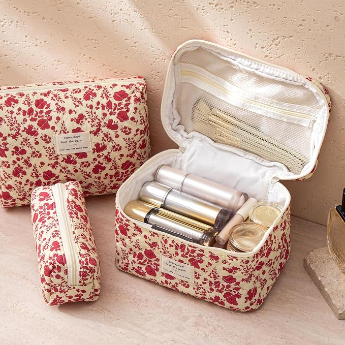 HBselect Quilted Makeup Bag, 3Pcs Cotton Large Travel Makeup Bags Organizer | Cute Floral Make up Bag Cosmetic Bag Toiletry Bag for Women Girls, Makeup Pouch for Skincare, Brushes & Travel Essentials - Image 2