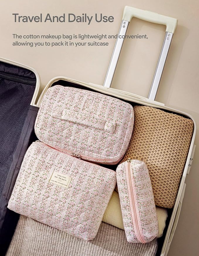 HBselect Quilted Makeup Bag, 3Pcs Cotton Large Travel Makeup Bags Organizer | Cute Floral Make up Bag Cosmetic Bag Toiletry Bag for Women Girls, Makeup Pouch for Skincare, Brushes & Travel Essentials - Image 4