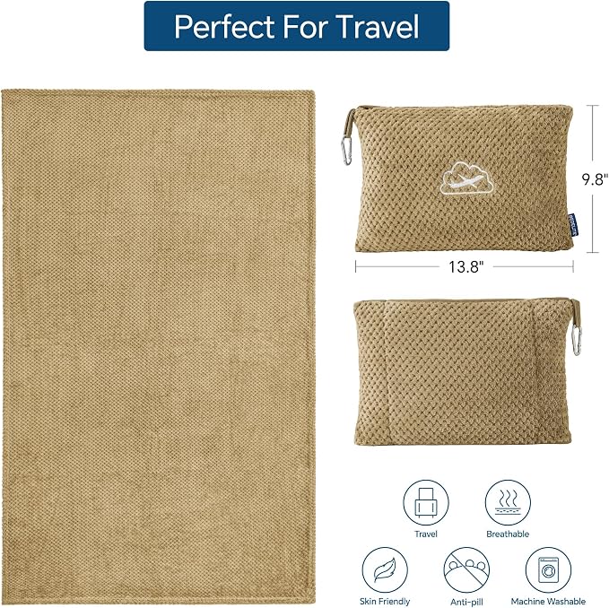 BEDELITE Travel Blanket with Bag, Jacquard Fleece Blanket 65"x40", Camel | Ultra-soft Airplane Blanket, Luggage Sleeve & Backpack Clip, Travel Essentials for Women, Foldable as Pillow for Long Flight - Image 3