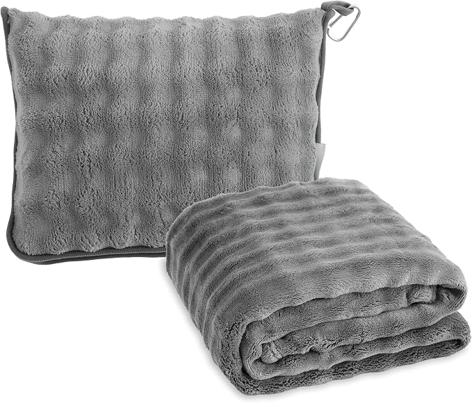Soft Cozy Travel Blanket for Airplane Train and Car, Grey | Lightweight, Blanket or Pillow 2 in 1, Compact with Portable Bag Pillowcase, with Luggage Sleeve and Backpack Clip by SOCHOW