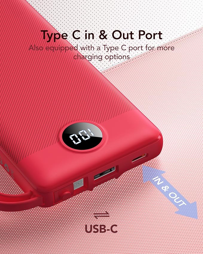 VRURC Portable Charger, Built in 4 Cables & Lanyard Power Bank 10000mAh | Compact USB C Charging Bank 5 Outputs for Multi Devices,Travel Essential for Hiking Camping Business Cruise Ship-Red(1 Pack) - Image 4