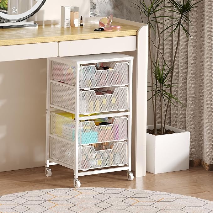 4-Drawer Rolling Storage Cart, Utility Cart with Drawers, White Metal Craft Cart Organizer with Wheels & Wooden Top, Art Supply Storage Organizer for Classroom, Office, Kitchen,Patent Pending - Image 8
