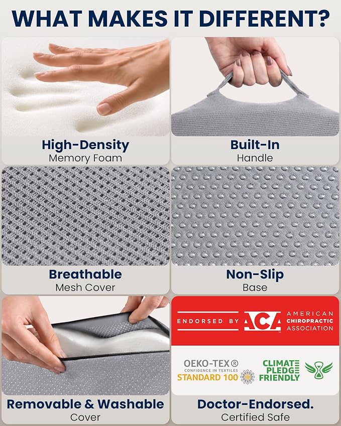 5 STARS UNITED Seat Cushion - Memory Foam Chair Cushion for Tailbone Pain Relief - Ergonomic Support for Coccyx, Sciatica & Butt - Office, Desk & Gaming Chair, Car Seat, Wheelchair, Airplane, L Gray - Image 4