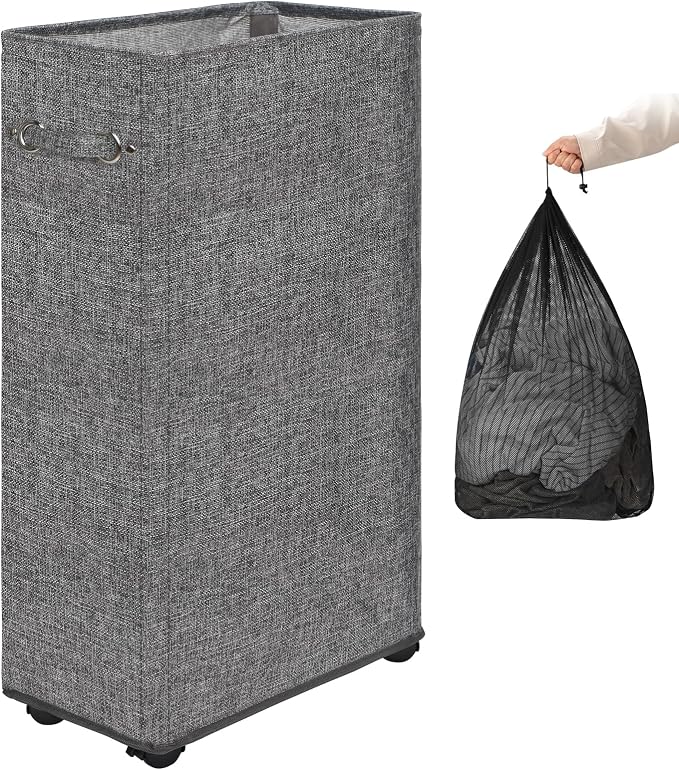 DOKEHOM 29" Enlarged Slim Rolling Laundry Basket Hamper on Wheels, Grey | Collapsible tall laundry hamper with removable mesh wash bag. Foldable narrow corner clothes storage bin for small spaces by DOKEHOM