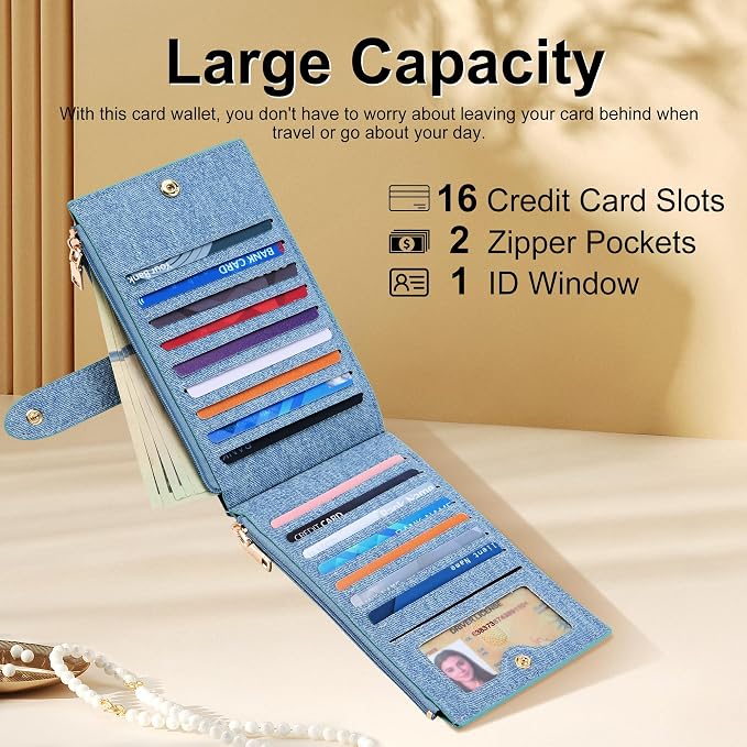 Travelambo Womens Leather Bifold Wallet, Slim RFID Blocking Card Holder | Large Capacity, 16 Card Slots & ID Window, 2 Zipper Pockets, Dual Snap Closure, Slim Lightweight, RFID Privacy Protection - Image 3