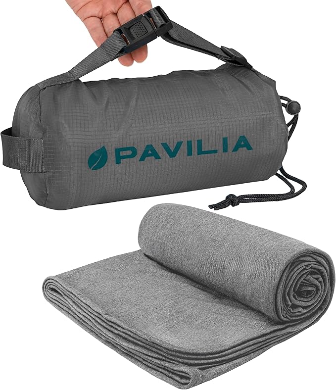 PAVILIA Travel Blanket Airplane Compact with Bag Lightweight, Gray | Soft Fleece Plane Long Flights, Camping Road Trips, Packable Traveler Gift Essentials with Luggage Backpack Strap, 65x40 by PAVILIA