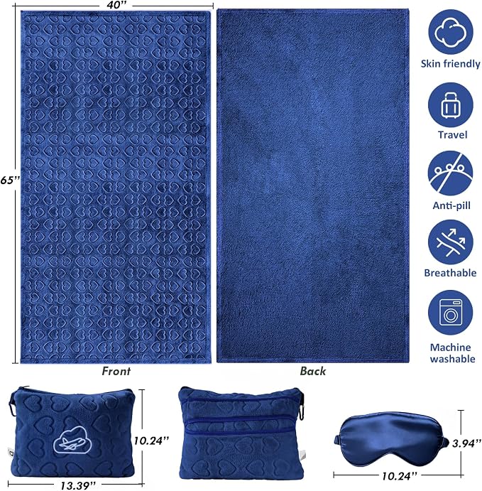 Travel Blanket, Airplane Blanket, Ultra-Soft, Warm & Lightweight, 65x40 in, Outdoor Blanket Essentials for Women, Men & Kids, Included Eye Mask, Luggage Sleeve & Backpack Clip Heart Navy Blue - Image 6