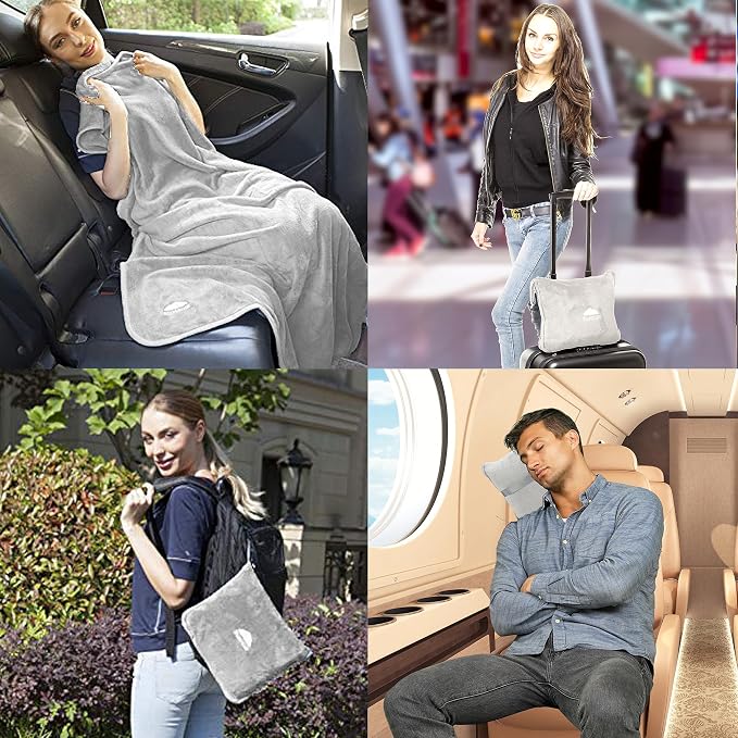 BlueHills Premium Soft Travel Blanket Pillow Combo Airplane - Light Gray | Pillow/Blanket in a Bag, Luggage Belt & Carabiner, Compact Pack for Airport & Long Flights, Travel Essential Accessory Gifts - Image 3