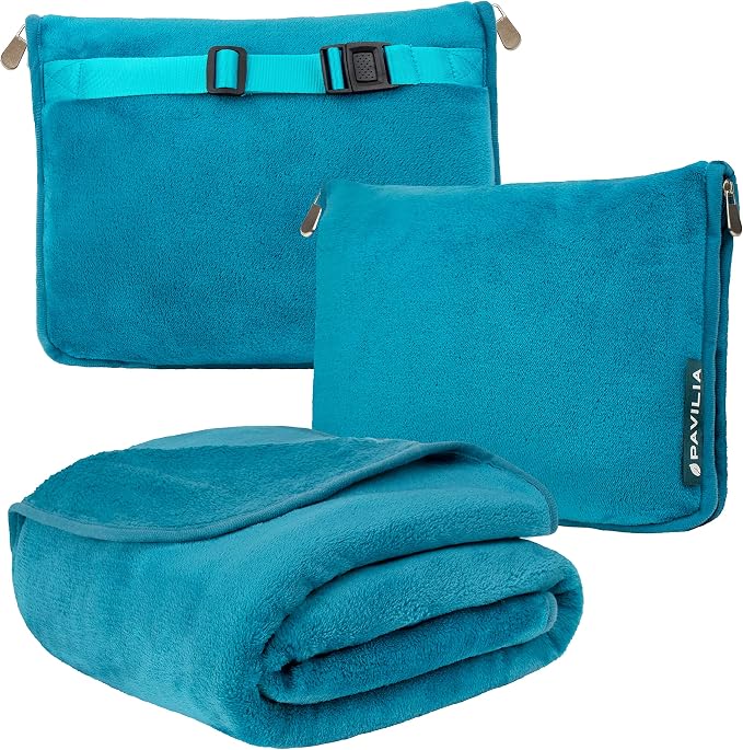 PAVILIA Travel Blanket Pillow, Soft Airplane Blanket 2-IN-1 Combo Set, Plane Blanket Compact Packable, Flight Essentials Car Pillow, Travelers Gifts Accessories Luggage Backpack Strap, 60x43 Teal Blue by PAVILIA