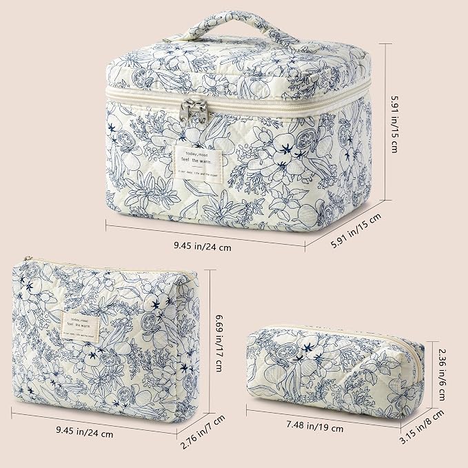 HBselect Quilted Makeup Bag, 3Pcs Cotton Large Travel Makeup Bags Organizer | Cute Floral Make up Bag Cosmetic Bag Toiletry Bag for Women Girls, Makeup Pouch for Skincare, Brushes & Travel Essentials - Image 5