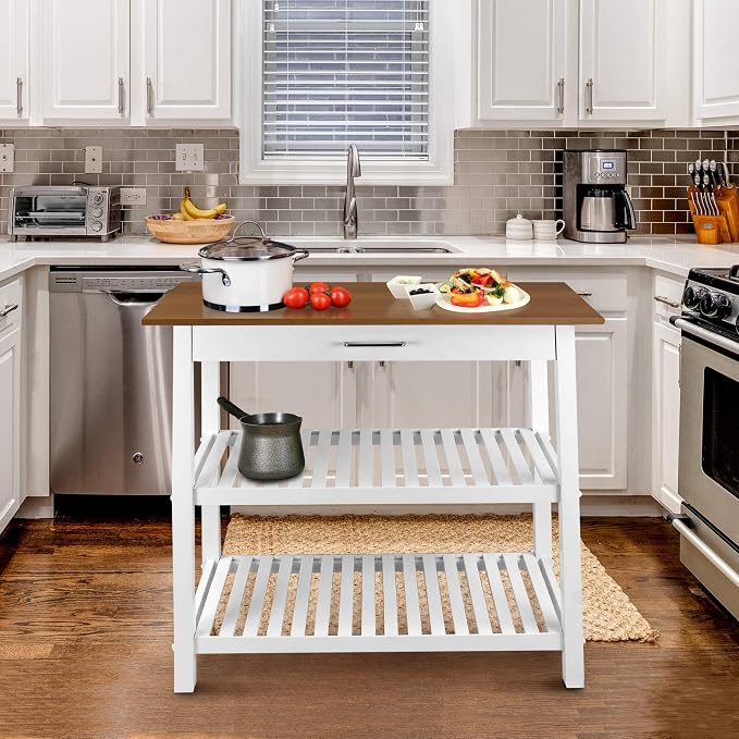 Kitchen Island with Solid Wood Top, White & Cherry Natural - Image 2