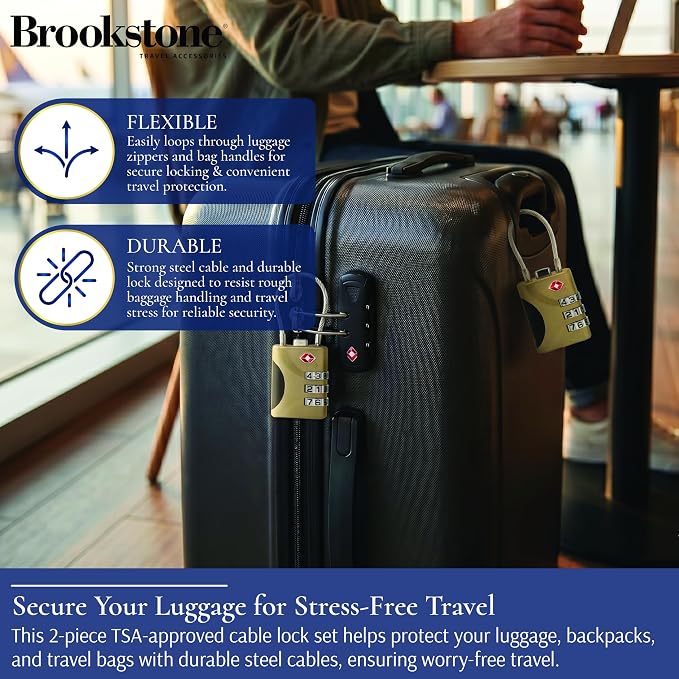 Brookstone Cable Luggage Locks, 2 Pack, TSA Approved, Resettable | 3-Digit Combination Lets You Set Your Own Code, Slim Design Threads Through Zippers or Straps, Great for Bags - Image 3