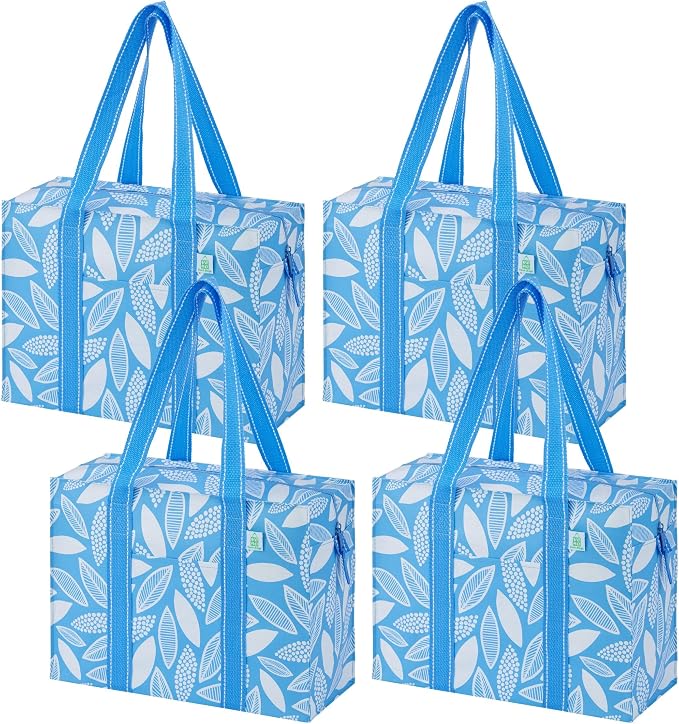 VENO 4 Pack Utility Tote Reusable Grocery Bags with Zipper & Hard Bottom | Heavy Duty Foldable Water-Resistant Shopping Bags for Summer Beach, Pool, Picnic & Travel Carry-on (Spring Breeze, 4 Pack) by Veno