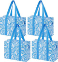 VENO 4 Pack Utility Tote Reusable Grocery Bags with Zipper & Hard Bottom | Heavy Duty Foldable Water-Resistant Shopping Bags for Summer Beach, Pool, Picnic & Travel Carry-on (Spring Breeze, 4 Pack) by Veno