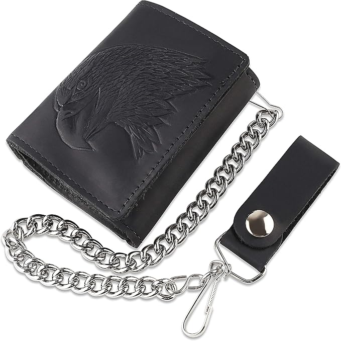 RFID Blocking Men's Tri-fold Vintage Biker Cowhide Leather Steel Chain Wallet,Snap closure, Made In USA,tc315-40,eagle head,black by FLCLASSIC
