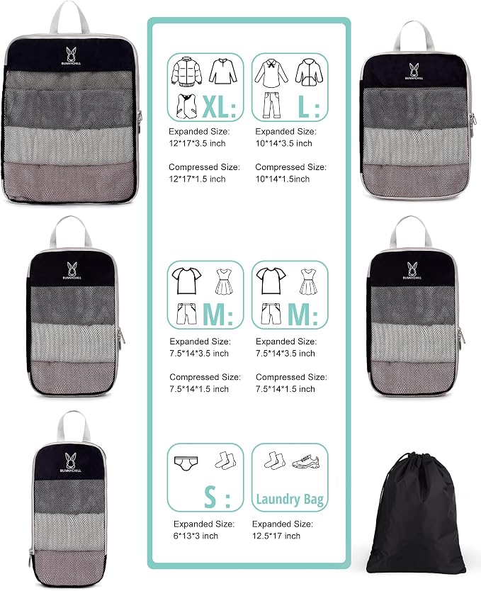 6/8 Set Space Saving Compression Packing Cubes Lightweight Packing Cube | Expandable Space-Saving Compression Cubes 6 Set Lightweight Travel Luggage Packing Cubes Organizer Essentials Smooth Zippers - Image 3