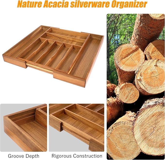 Bellsal Large Premium Acacia Wood Silverware Organizer - Expandable Utensil Drawer Organizer - 17"x19.6" Utensil Holder and Cutlery Tray with Grooved for Kitchen Flatware Utensils(7-9 Slot, Acacia) - Image 4