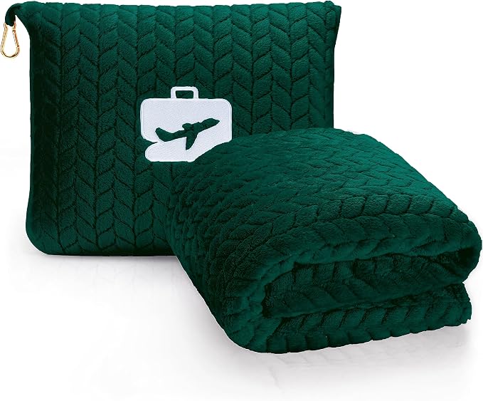 EverSnug Travel Blanket & Pillow 68x42 - Premium Ultra-Soft Microfleece 2 in 1 Compact & Packable Flight Blanket with Soft Bag Pillowcase, Hand Luggage Sleeve and Backpack Clip (Forest Green) by EverSnug