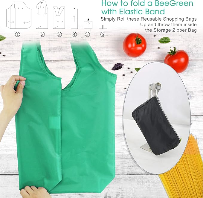BeeGreen Groceries Reusable Bags for Shopping Compact Cute Solid Color Cloth Grocery Totes Set of 12 Fold up Packable Recycling Shopper Baggies w Zipper Carry Pouch for Supermarket - Image 4