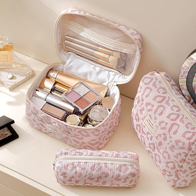 HBselect Quilted Makeup Bag, 3Pcs Cotton Large Travel Makeup Bags Organizer | Cute Floral Make up Bag Cosmetic Bag Toiletry Bag for Women Girls, Makeup Pouch for Skincare, Brushes & Travel Essentials - Image 3