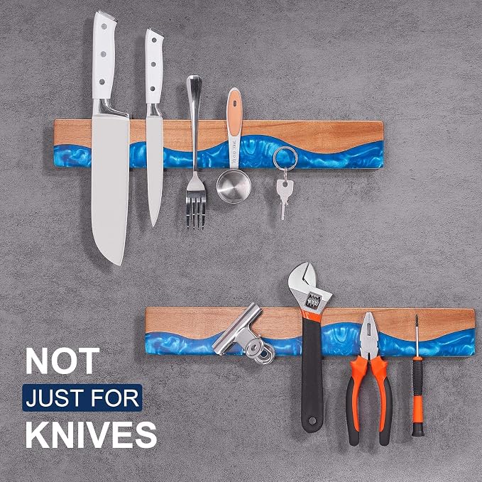 16 Inch Magnetic Knife Holder for Wall, Acacia Wood & Blue Resin Magnetic Knife Strip, Powerful No-Drill Adhesive or Screws Mount, Kitchen Knife Bar Storage Rack ("Ocean" Blue Resin) - Image 7