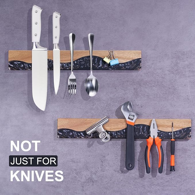 Magnetic Knife Holder for Wall 16 Inch, Acacia Wood Epoxy Resin Magnetic Knife Strip Bar, Powerful Magnet Kitchen Knife Storage Rack, Space-Saving Wall Mounted Organizer ("Onyx" Black Resin) - Image 7