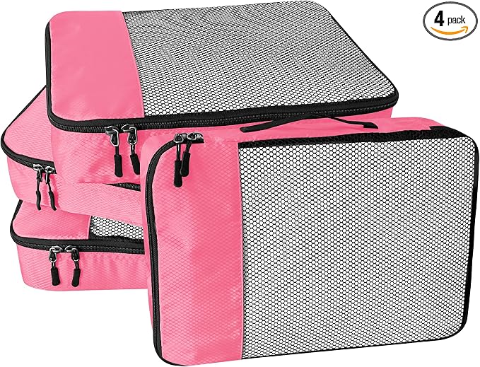 WTREE 4-Piece Packing Cubes Travel Accessories Set for Suitcases - Luggage Organizer Bags with Double Zipper - Mesh Top - Small - Pink by WTREE