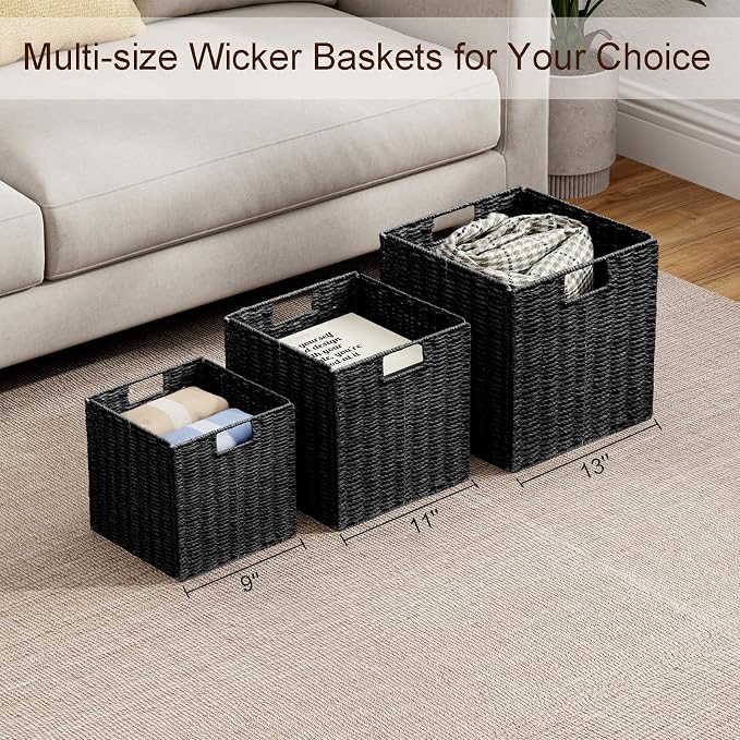 Wicker Storage Basket, Set of 2 Hand-Woven Wicker Basket, Foldable Cube Storage Bin, Black Storage Basket, Square Storage Baskets for Organizing Shelves & Decor, Black (11″×11″×11″) - Image 8