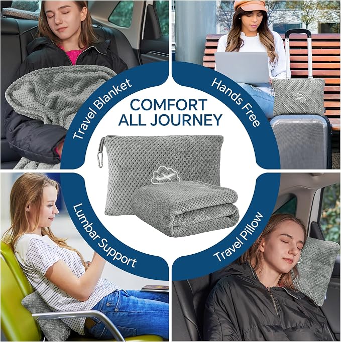 BEDELITE Travel Blanket with Bag, Jacquard Fleece Blanket 65"x40", Grey | Ultra-soft Airplane Blanket, Luggage Sleeve & Backpack Clip, Travel Essentials for Women, Foldable as Pillow for Long Flight - Image 3