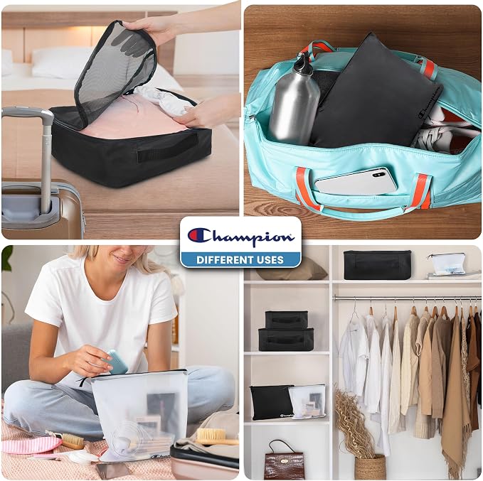 Champion Packing Cubes for Travel - 6 Piece Organizer Set, Carry-On Ready | Breathable mesh, sturdy handles; 3 cubes, 1 laundry bag, 2 zip pouches; zipper closure; fits carry-on and full-size suitcases - Image 7
