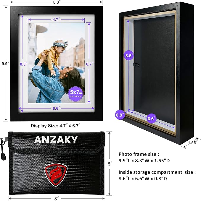Photo Picture Frame Diversion Safe with Fireproof & Waterproof Money Bag, Valuable Storage, Home Security, ANZAKY Mini Box with Hidden Compartment to Shield your Money, Cash, 5"x7" - Image 4