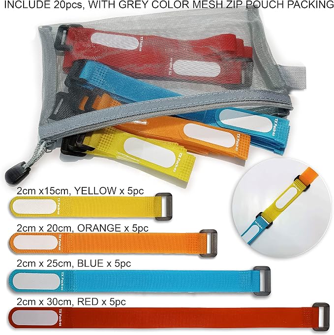 Multi-Purpose Cinch Straps (Assorted-Color 20 Pack). Reusable Waterproof Hook and Loop Cable Tie, Write-on Label for Easy Cord & Stuff Indentification, Organization & Management, by TX Pack-es - Image 3