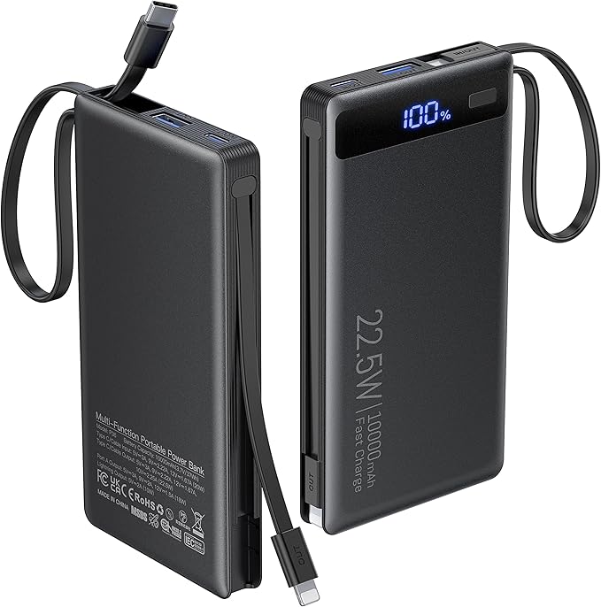10000mAh Power Bank Built-in 2 Cables, 22.5W PD Slim Fast Portable Charger | USB C Battery Pack, Travel Essentials PD Fast Charging Powerbank Compatible with iPhone 17 16 Plus Pro Samsung iPad(1 Pack) by TEMINICE