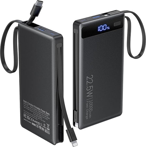 10000mAh Power Bank Built-in 2 Cables, 22.5W PD Slim Fast Portable Charger | USB C Battery Pack, Travel Essentials PD Fast Charging Powerbank Compatible with iPhone 17 16 Plus Pro Samsung iPad(1 Pack) by TEMINICE