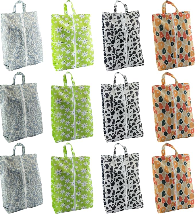 Travel Shoe Bags, Set of 12, Large Oxford Fabric Storage Bags with Zipper and Handle, Water-Resistant Pouches (Colorful patterns) by Palmhomee