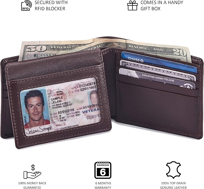 Wallet for Men Slim RFID Blocking Leather Bifold Minimalist 2 ID Windows Gift Box Carteras Para Hombres (NAPA, CHOCOLATE) - Image 5
