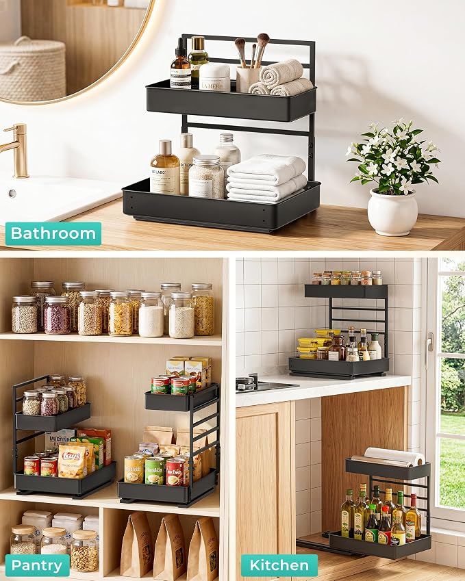 EVERIE Height Adjustable 2 Tier Metal Pull Out Slide Shelf Organizer for Under Sink Cabinets in Kitchen, Bathroom, with Snap-on Top Tray, 16" Deep (Black, 2 Sets) | Pull Out - Image 8