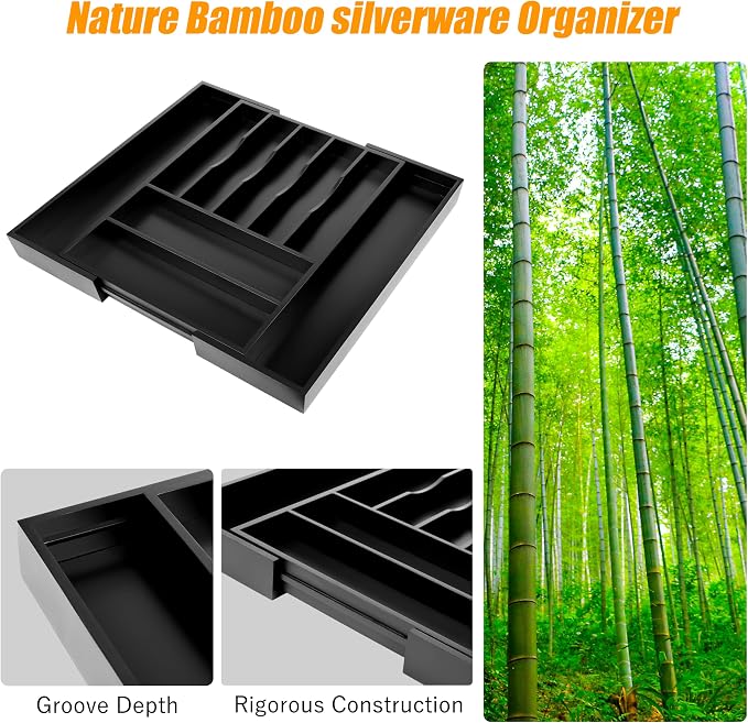 Bellsal Large Premium Bamboo Silverware Organizer - Expandable Utensil Drawer Organizer - 17"x19.6" Utensil Holder and Cutlery Tray with Grooved for Kitchen Flatware and Utensils(7-9 Slot, Black) - Image 4