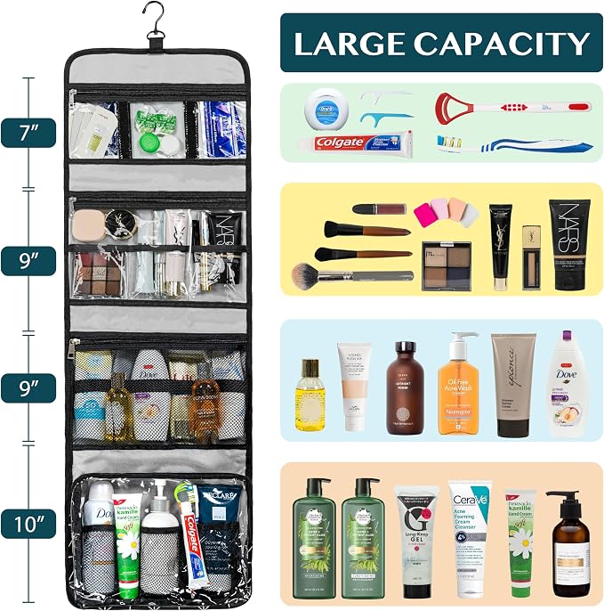 PAVILIA Travel Hanging Toiletry Bag for Women Men, Large Capacity Makeup Bag Kit, Waterproof Cosmetic Storage Organizer Case for Bathroom Shower - Image 4