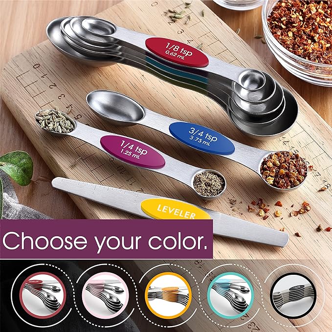 Spring Chef Stainless Steel 8 Magnetic Measuring Spoons, 2 Pack, Multicolor | Dual Sided Metal Teaspoon & Tablespoon Measuring Spoons with Leveler for Dry & Liquid Ingredients, Nesting, Dishwasher Safe - Image 6