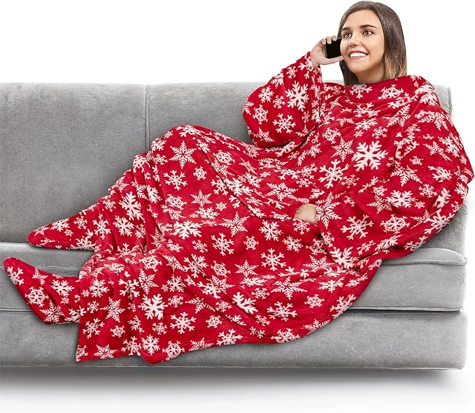 PAVILIA Fleece Blanket with Sleeves, Foot Pockets for Women Men Adults, Plush Wearable Blanket Throw Wrap, Warm Snuggle Blanket Robe, Cozy Gift Ideas Wife Mom, Snowflake Red by PAVILIA