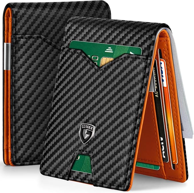GSOIAX Slim Wallet for Men Rfid Blocking Leather Bifold Front Pocket Carbon Fiber Men's Money Clips Credit Card Holder With Gift Box (Carbon Orange money clip) by GSOIAX