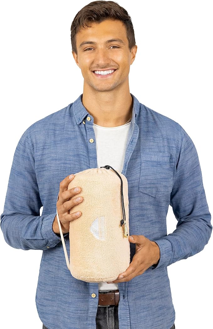 BlueHills Premium Soft Rolled Travel Blanket Pillow Combo Airplane - Beige | Must Have Travel Essentials, Airplane Accessories, 70 X48 Large Blanket, Matching Carry Case, Carabiner, Long Flight Comfort - Image 9