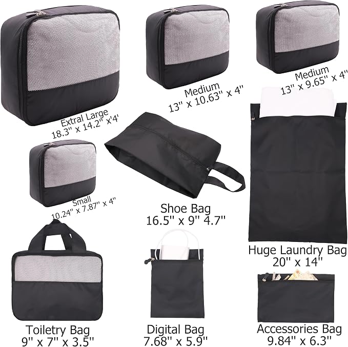 DoubleTrip 9-Piece Black Travel Organizer Set with 4 Packing Cubes, Cosmetic Organizer, Shoe & Electronics Pouches, and Accessories & Laundry Bag for Luggage Storage & Travel Essentials - Image 2