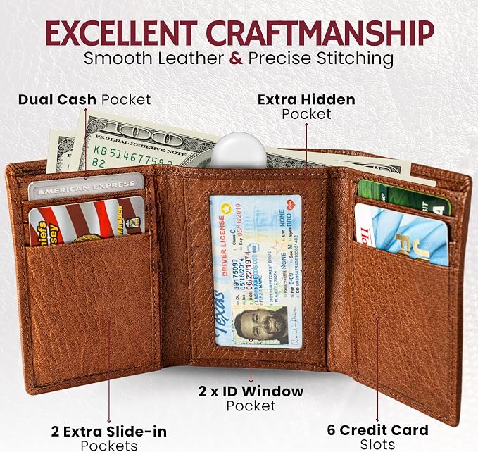 BULL GUARD Leather Trifold Wallets For Men with ID and RFID Blocking Crafted with Buffalo Top Grain Cowhide Premium Leather with Tight Stitching - Compact, Durable and Secure Everyday Carry - Image 3