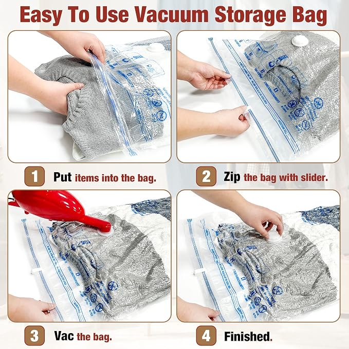 Vacuum Storage Bags, 10 Large Vacuum Seal Bags for Clothing | Extra Large XL, Airtight Triple Seal, Save 80% Space, Hand Pump, Work with Vacuum, Double Zip, Reusable, Easy to Use - Image 3