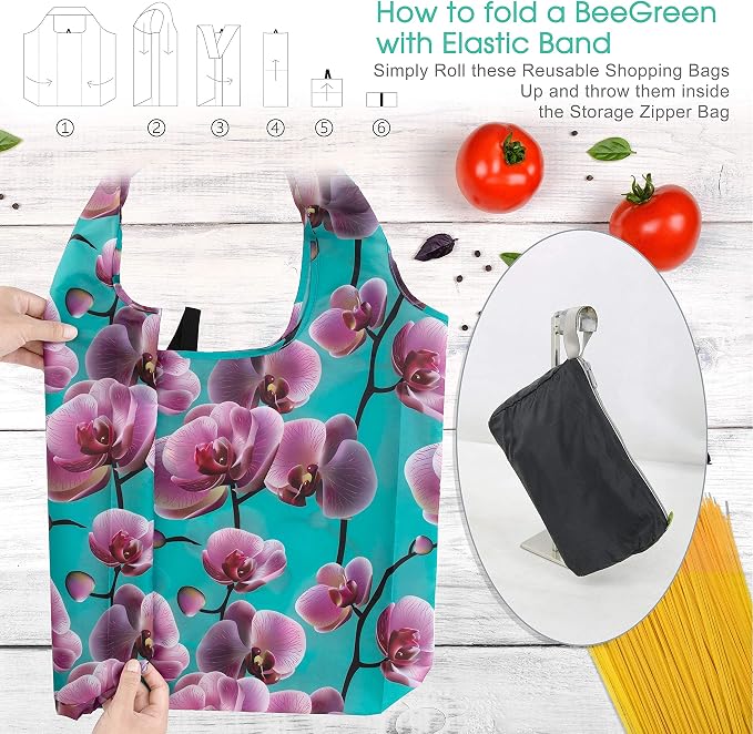 BeeGreen 12 Packs Flower Reusable Grocery Bags Reusable Tote Bags Extra Large 50LBS Cute Floral Design Foldable Reusable Bags for Women Men Lightweight Durable - Image 5